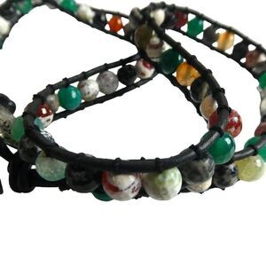 Black Cord Woven Round Beaded Colorful Rainbow Wrap Bracelet Green Red Orange